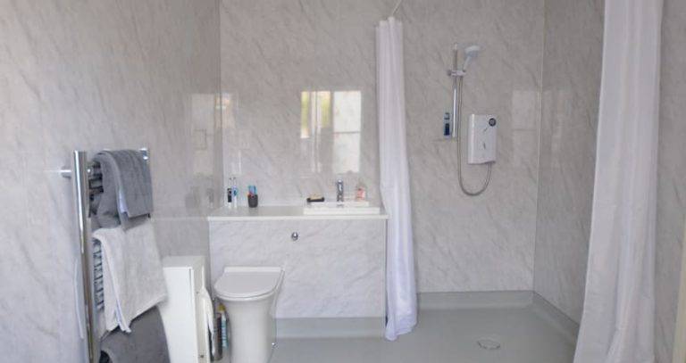 luxury wet room with shower curtain